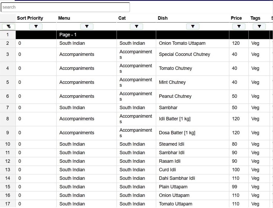 Structured restaurant menu in Excel